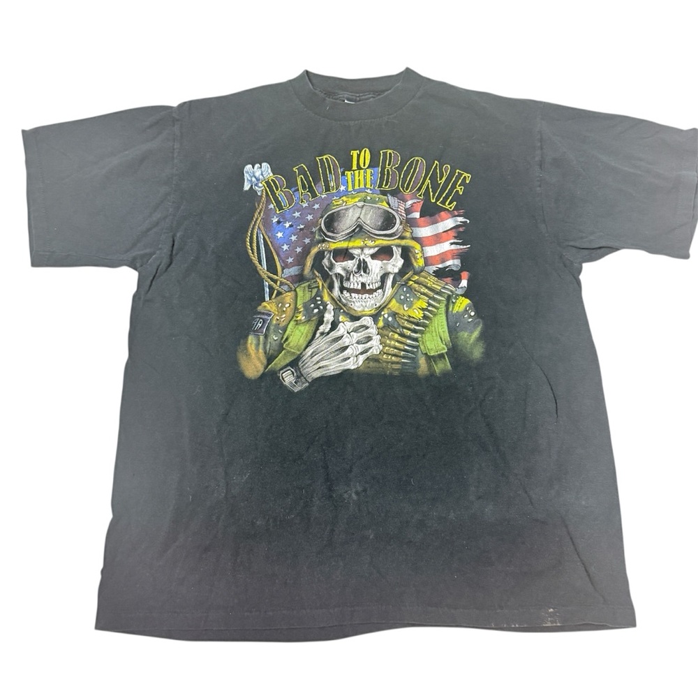 Vintage 90's Bad to the Bone Graphic Tee skeleton military gear single stitch